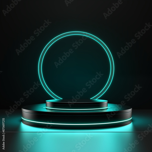 Futuristic style simetric podium abstract blue neon for product display dark background. photo