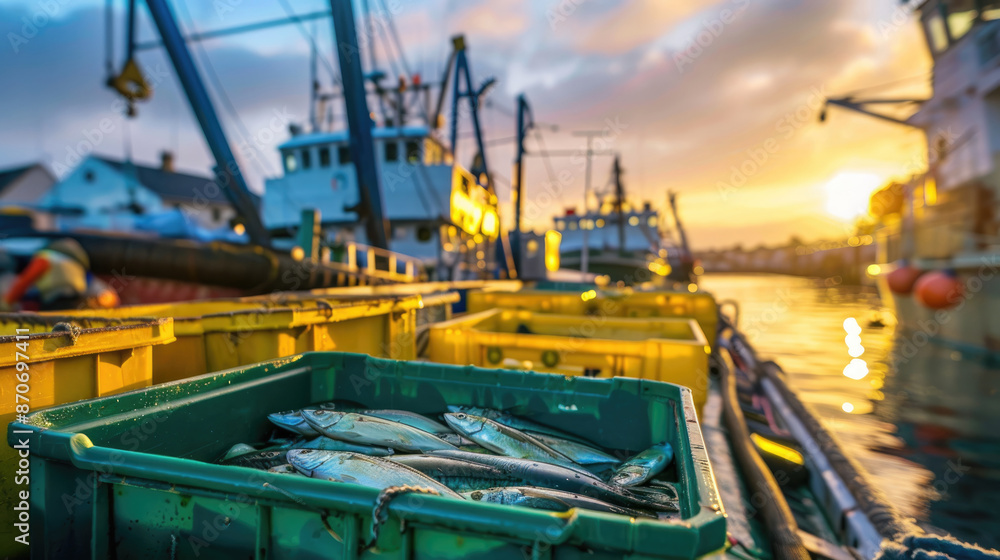sardines in green plastic boxes on the dock with fishing boats and a blue sky sardines in green plastic boxes on the dock with fishing boats and a blue sky