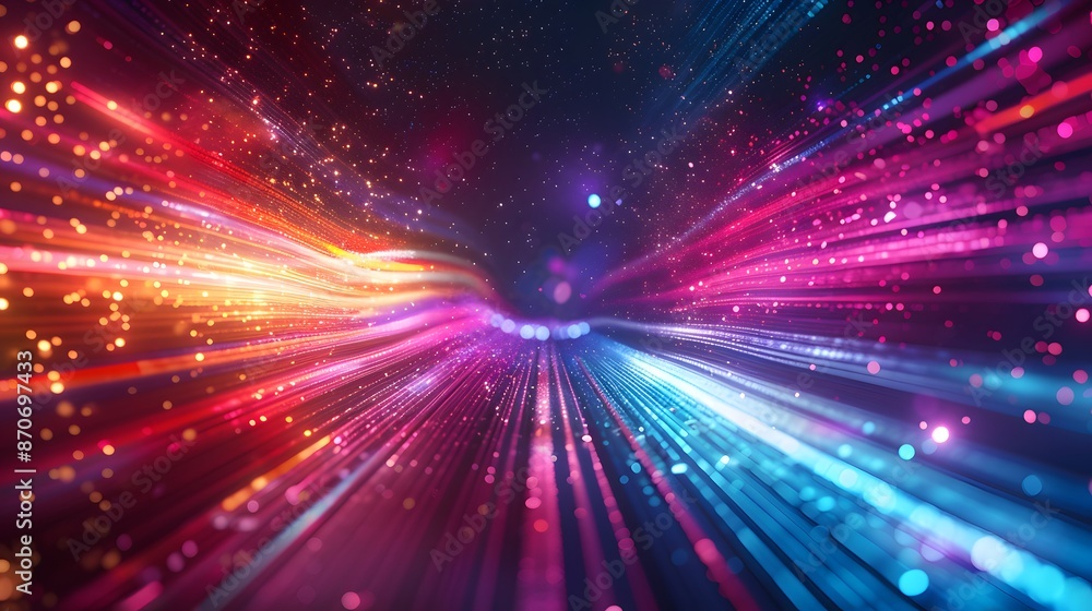 Obraz premium Abstract futuristic background with colorful glowing lights and rays of light, speed motion blur in dark space. Vector illustration design for web banner poster cover presentation or greeting card.