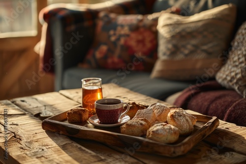 A rustic wooden coffee table set with a tray of tea and biscuits, with a cozy couch and throw pillows in the background.