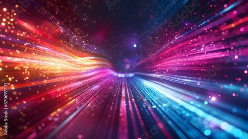 Abstract futuristic background with colorful glowing lights and rays of light, speed motion blur in dark space. Vector illustration design for web banner poster cover presentation or greeting card.