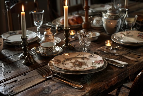 A rustic wooden dining table set with antique China, silverware, and a candlelit ambiance © Sladjana