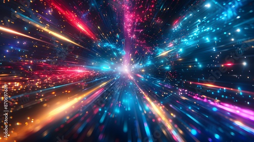 Abstract futuristic background with colorful glowing lights and rays of light, speed motion blur in dark space. Vector illustration design for web banner poster cover presentation or greeting card.