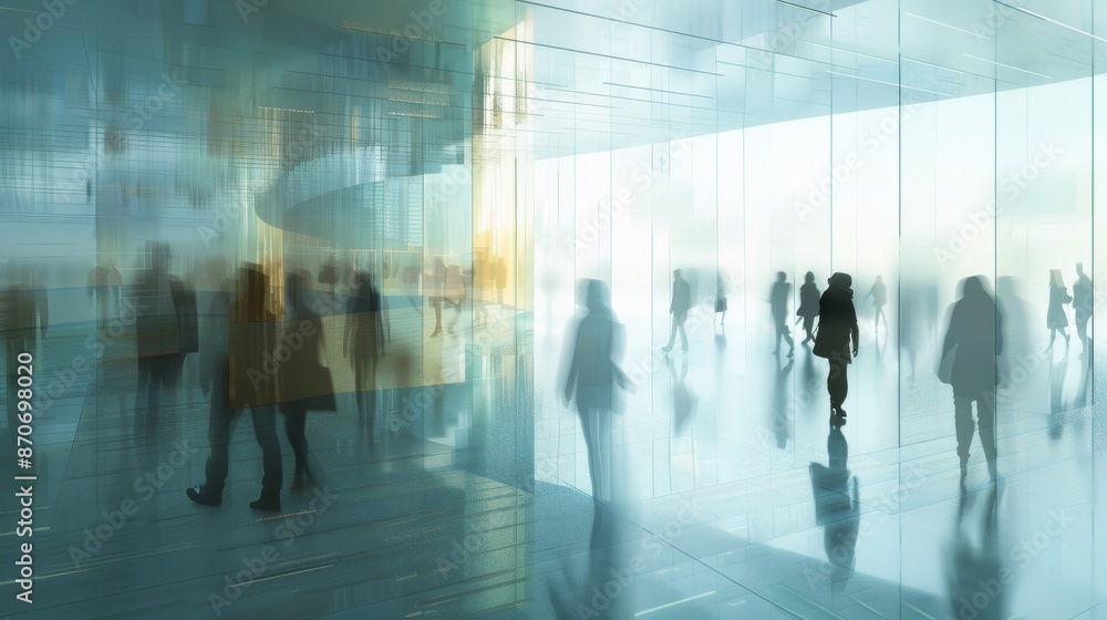 Activated background, with moving people in a large glass-walled room. Exposure effect. Activated background, with moving people in a large glass-walled room. Exposure effect.