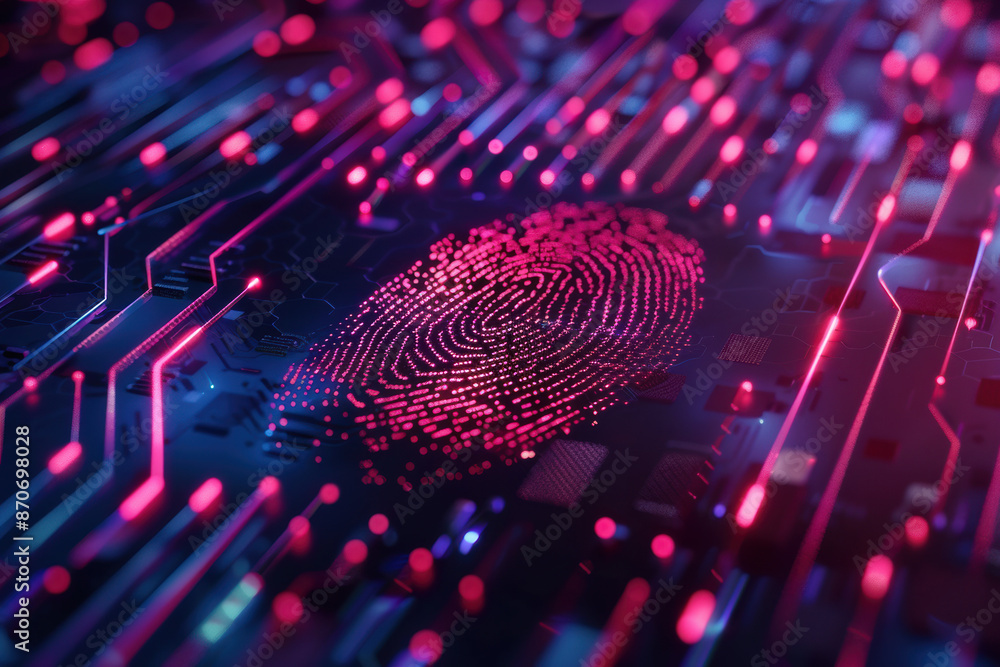 Close-up of a digital fingerprint on a high-tech circuit board, representing cybersecurity and biometric technology. Close-up of a digital fingerprint on a high-tech circuit board, representing cybersecurity and biometric technology.