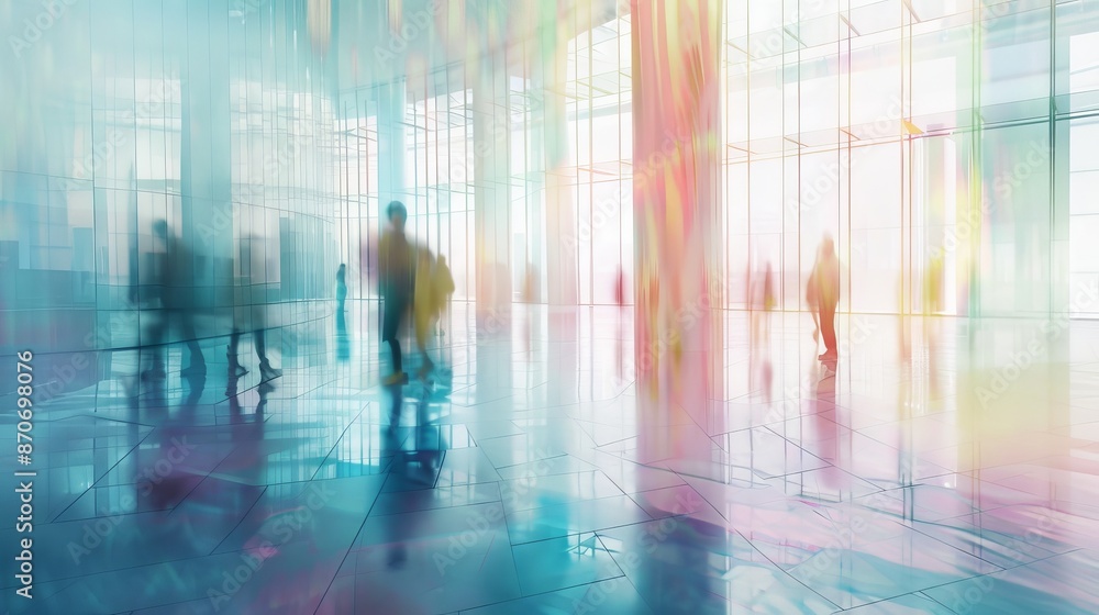 People moving in a large room with glass walls. Exposure effect People moving in a large room with glass walls. Exposure effect
