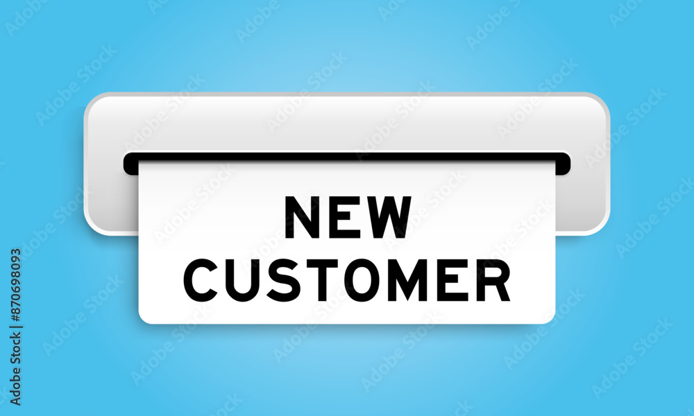 White coupon banner with word new customer from machine on blue color background White coupon banner with word new customer from machine on blue color background