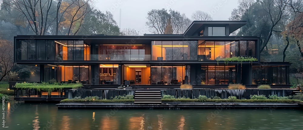 black concrete modern villa featuring transparent glass walls, allowing natural light to flood the interior while maintaining a sleek, minimalist aesthetic black concrete modern villa featuring transparent glass walls, allowing natural light to flood the interior while maintaining a sleek, minimalist aesthetic