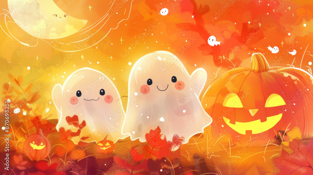 Illustration of cute ghosts and jack-o'-lanterns under a smiling moon in an autumn scene on shining orange background. Halloween celebration background and spooky fun concept. Illustration of cute ghosts and jack-o'-lanterns under a smiling moon in an autumn scene on shining orange background. Halloween celebration background and spooky fun concept.