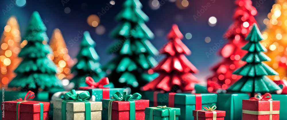 Christmas presents with bows & trees in a tilt shift ,paper cut origami style,and bokeh-background ,wallpaper Christmas presents with bows & trees in a tilt shift ,paper cut origami style,and bokeh-background ,wallpaper