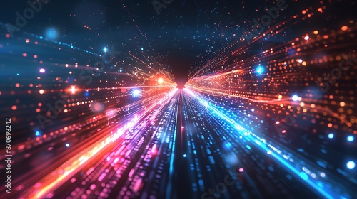 Abstract futuristic background with colorful glowing lights and rays of light, speed motion blur in dark space. Vector illustration design for web banner poster cover presentation or greeting card.