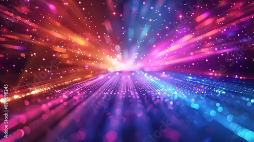 Abstract futuristic background with colorful glowing lights and rays of light, speed motion blur in dark space. Vector illustration design for web banner poster cover presentation or greeting card.