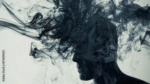 A man depicted in smoky tendrils abstract ink forming. 4K overlay seamless looping animation background.
