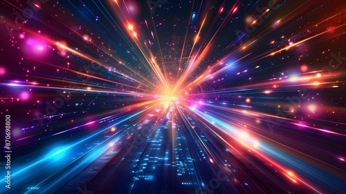 Abstract futuristic background with colorful glowing lights and rays of light, speed motion blur in dark space. Vector illustration design for web banner poster cover presentation or greeting card.