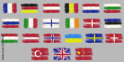 Brush line stroke european country flag. Hand drawn rough Scribble Texture grunge effect lines. Grunge crayon EU flag stamp. Pencil, marker stroke paint. Vector illustration