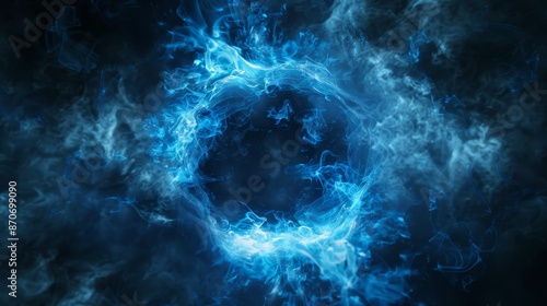 Blue energy burst. Smoky cloud background. Realistic 3D render simulation. Magic power circle isolated element. Seamless loop.