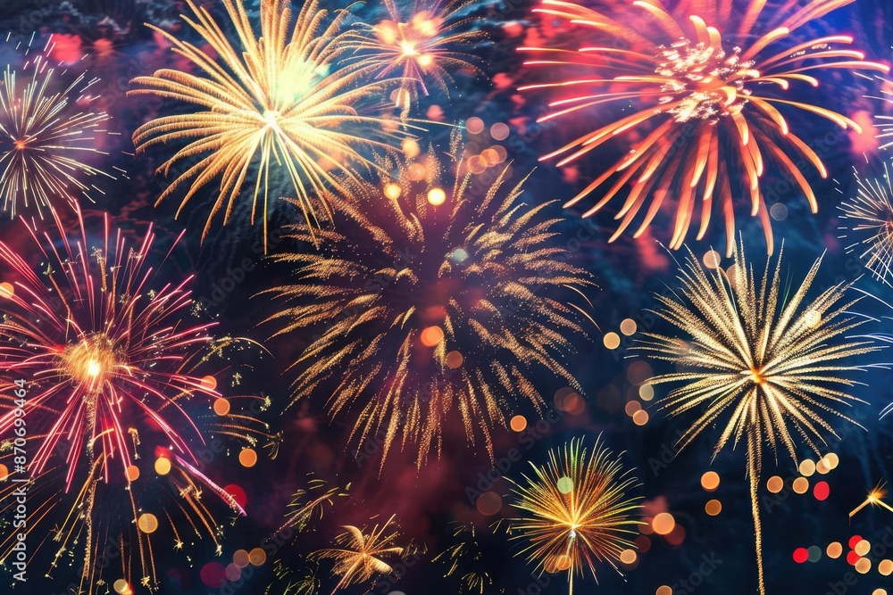 Naklejka premium Spectacular Fireworks Display. Colorful Explosions Light Up the Night Sky for Celebration