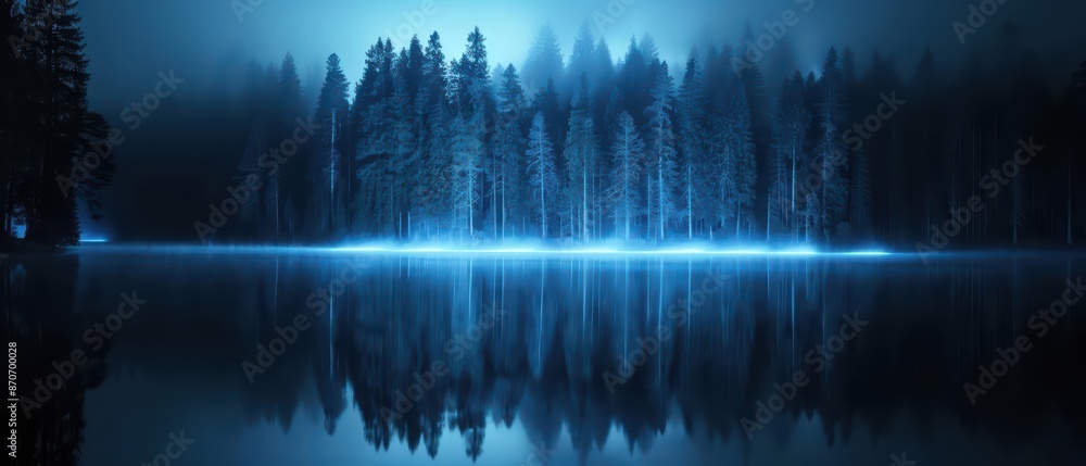 Supernatural light shows projected onto forests and lakes create ethereal advertisements that blend seamlessly with natural vistas Supernatural light shows projected onto forests and lakes create ethereal advertisements that blend seamlessly with natural vistas