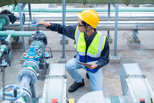 Engineer checks water tank valves, equipment related to hot water production pipelines. photo