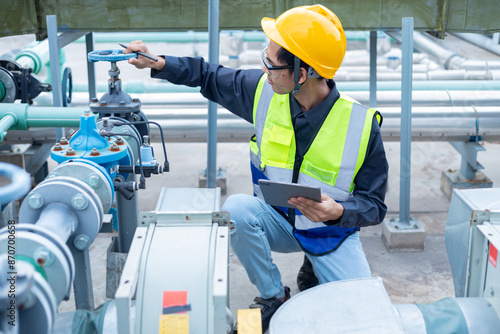 Engineer checks water tank valves, equipment related to hot water production pipelines. photo