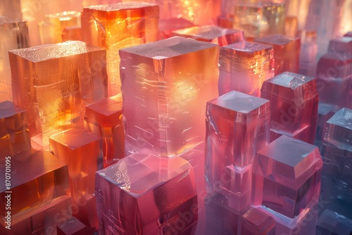 series of interconnected cubes, with a orange and blue light source that enhances the glass surfaces, evoking a futuristic and technological ambiance