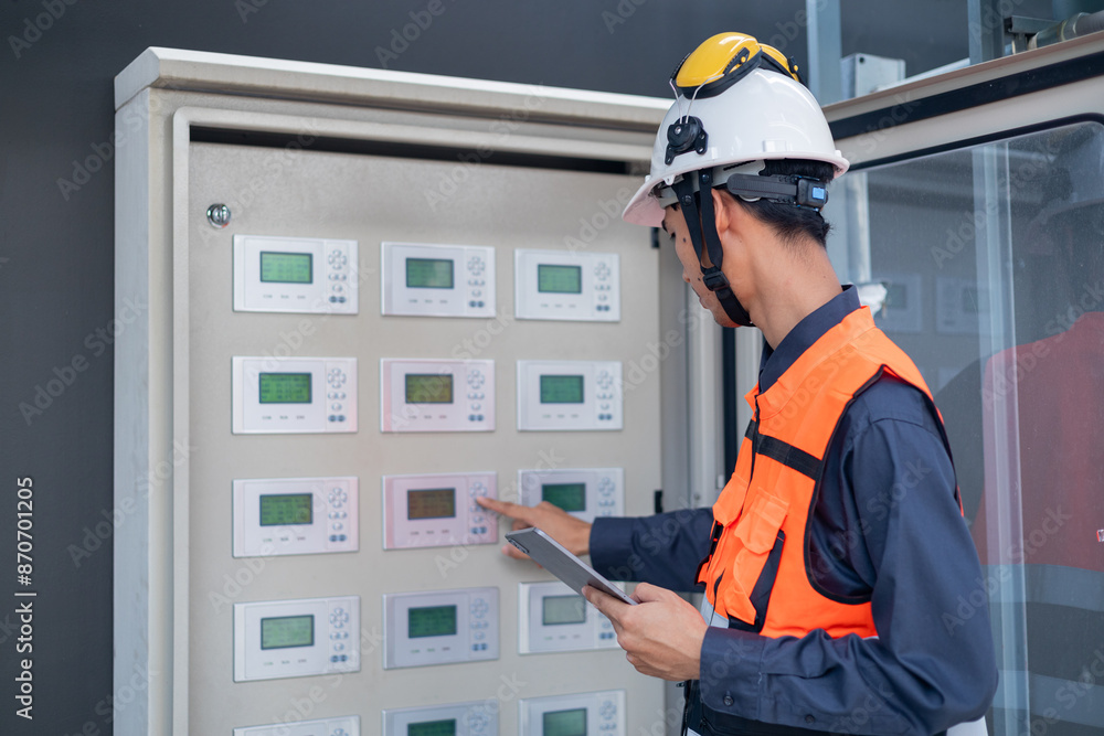 An engineer checks the status of a large AHU air conditioner control valve. An engineer checks the status of a large AHU air conditioner control valve.