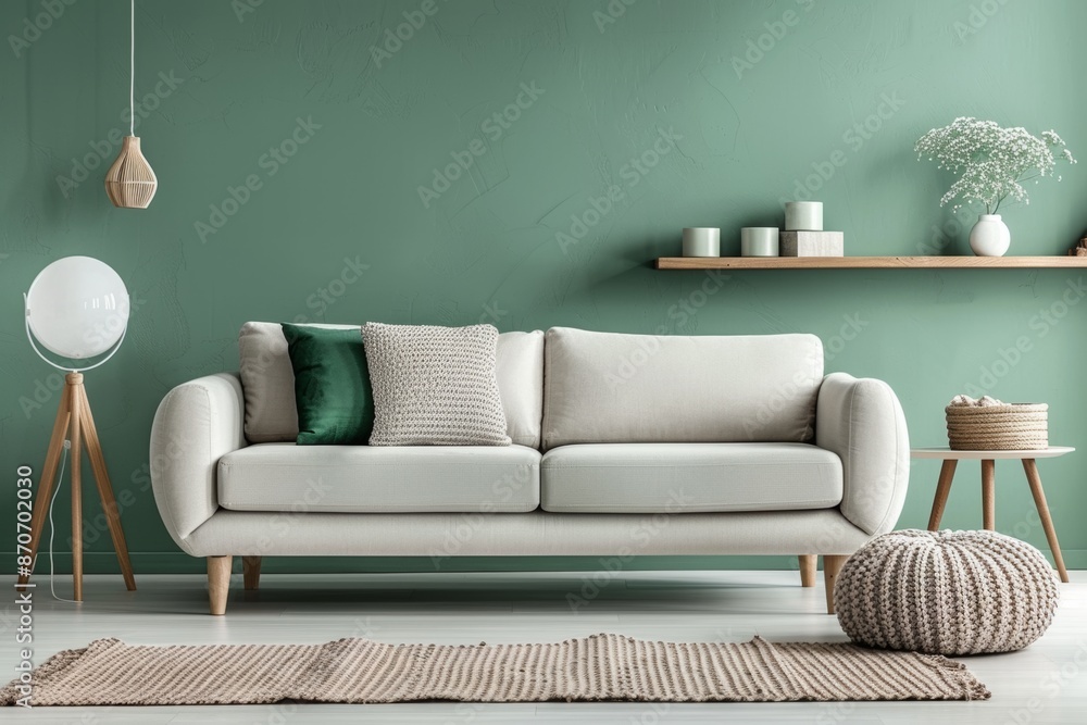 Immerse yourself in the simplicity and sophistication of Scandinavian decor with a sofa and knitted pouf against a muted green wall and minimalist shelving unit. Immerse yourself in the simplicity and sophistication of Scandinavian decor with a sofa and knitted pouf against a muted green wall and minimalist shelving unit.