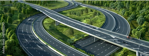 modern highway with multiple lanes filled with cars, the sleek design of the road facilitating fast and efficient transportation, the sense of speed and efficiency highlighting the advancements in urb photo