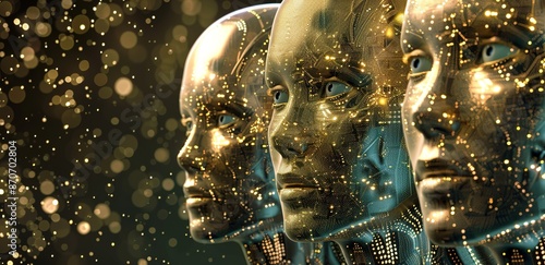 An illustration of a human face made of shiny iron with a robotic concept photographed with a flickering light effect on a black background