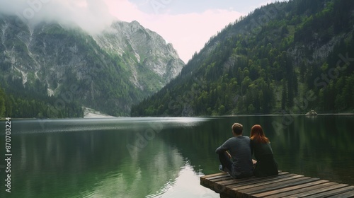 A couple sits on a wooden pier and admires a picturesque mountain lake view from the back