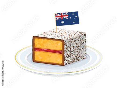 Lamington cake with flag of australia vector illustration. Lamington sponge cake with coconut icon vector isolated on a white background. Australian dessert square with jam drawing