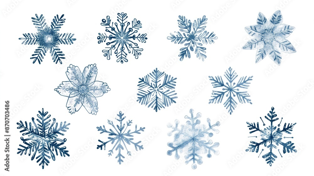 Set of painted watercolor blue snowflakes on a white background Set of painted watercolor blue snowflakes on a white background