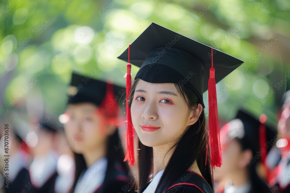 Students wear black caps and red tassels to celebrate their graduation ceremony outdoors. Students wear black caps and red tassels to celebrate their graduation ceremony outdoors.