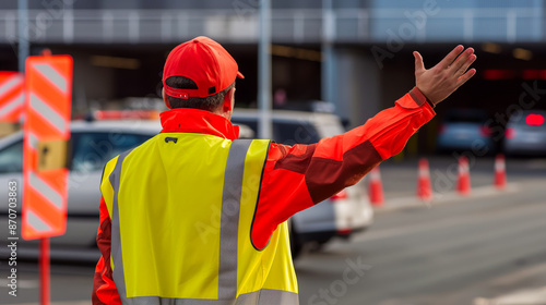 An individual directing vehicles with hand signals and wearing high-visibility clothing at an outdoor event parking area.