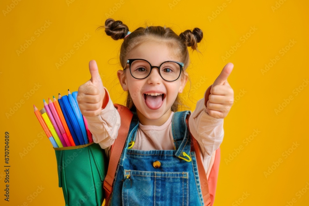 A cute little girl wearing glasses and carrying a schoolbag is holding books in her hand. A cute little girl wearing glasses and carrying a schoolbag is holding books in her hand.