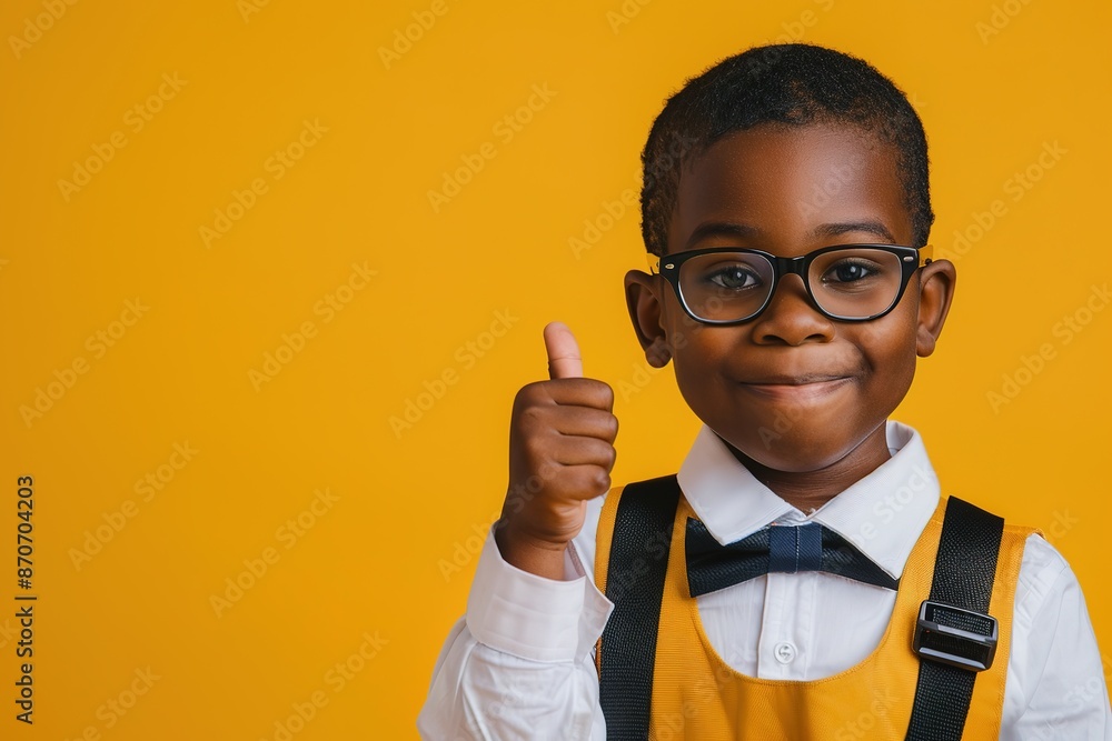 Smiling boy with glasses giving thumbs up against yellow backgro Smiling boy with glasses giving thumbs up against yellow backgro