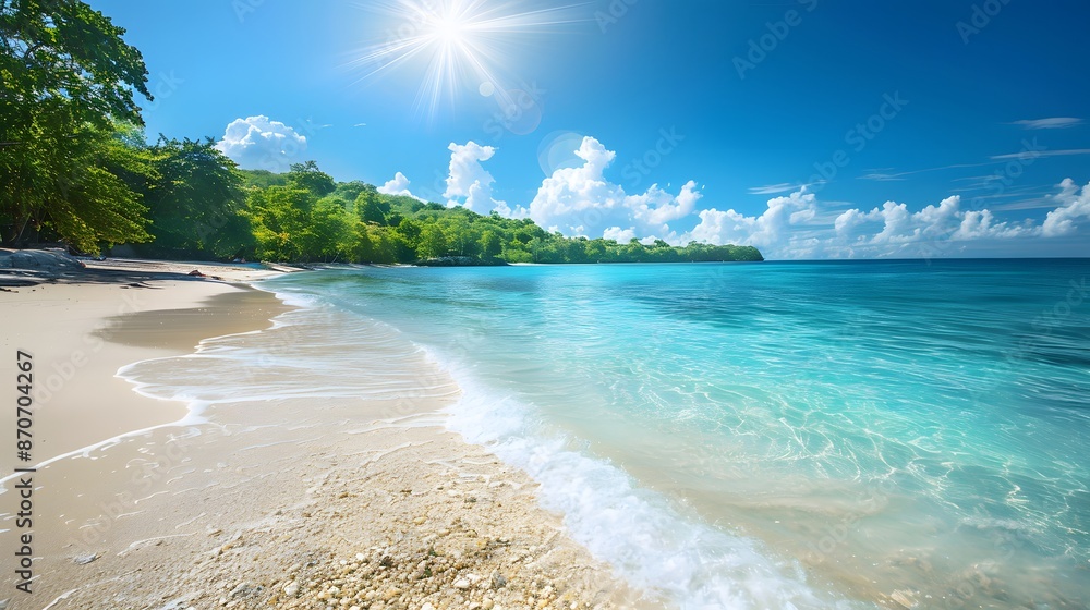Beautiful beach with white sand and blue sky, clear water in the background. Beautiful beach with white sand and blue sky, clear water in the background.
