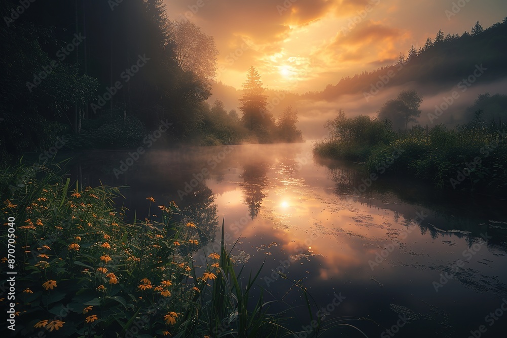 Misty forest sunrise by tranquil river with flowers Misty forest sunrise by tranquil river with flowers