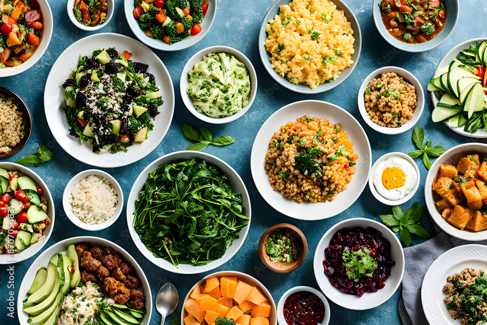 A nutritious assortment of healthy foods neatly arranged in pots, showcasing freshness and variety in a kitchen setting. A nutritious assortment of healthy foods neatly arranged in pots, showcasing freshness and variety in a kitchen setting.