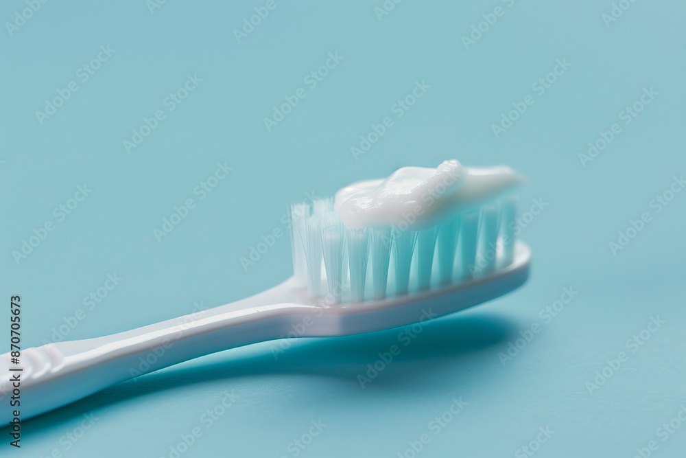 Modern toothbrush with squeezed toothpaste close up detail on vibrant blue background, dental hygiene concept banner. Modern toothbrush with squeezed toothpaste close up detail on vibrant blue background, dental hygiene concept banner.