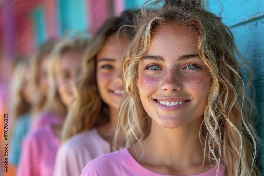 A beautiful blonde girl is smiling while looking at a camera, she is in front of the other blonde girls in a row. A beautiful blonde girl is smiling while looking at a camera, she is in front of the other blonde girls in a row.
