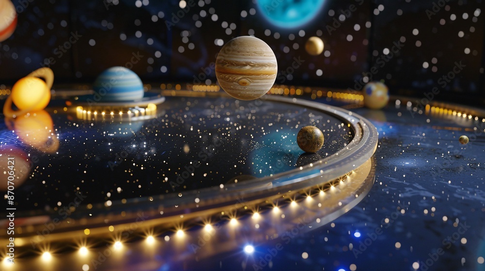 An educational depiction of the solar system's planets in a planetarium setting An educational depiction of the solar system's planets in a planetarium setting
