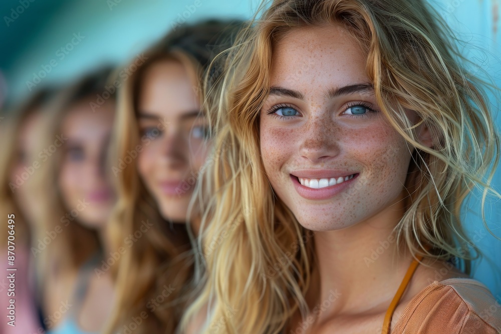 A beautiful blonde girl is smiling while looking at a camera, she is in front of the other blonde girls in a row. A beautiful blonde girl is smiling while looking at a camera, she is in front of the other blonde girls in a row.