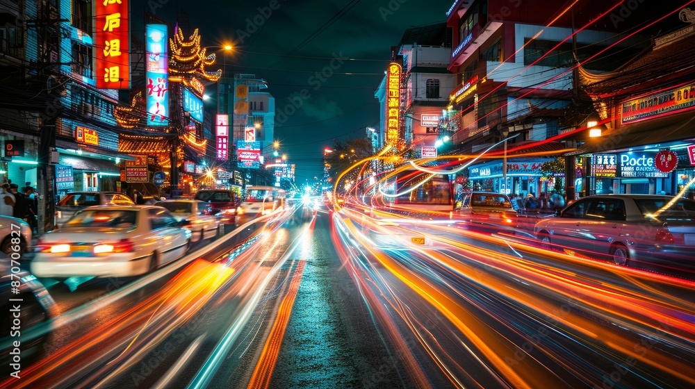 Fototapeta premium Yaowarat road (China town) Fast moving cars at night in a large Chinese community in Bangkok.Editorial.long shutter speed