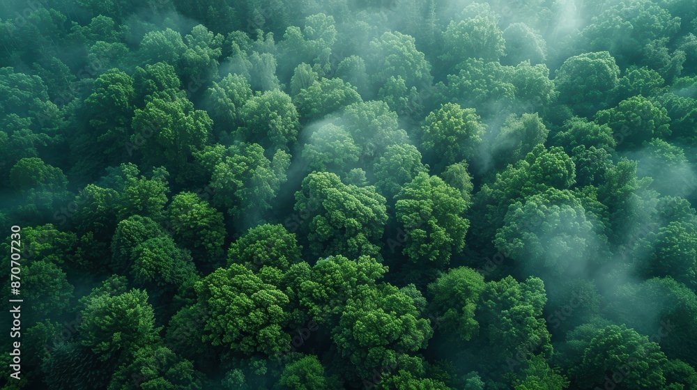 Aerial view of a lush green forest with mist hovering between the trees, creating a serene and tranquil atmosphere. Aerial view of a lush green forest with mist hovering between the trees, creating a serene and tranquil atmosphere.