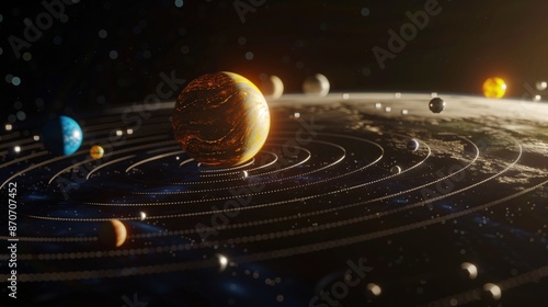 An educational illustration of the solar system in a planetarium environment