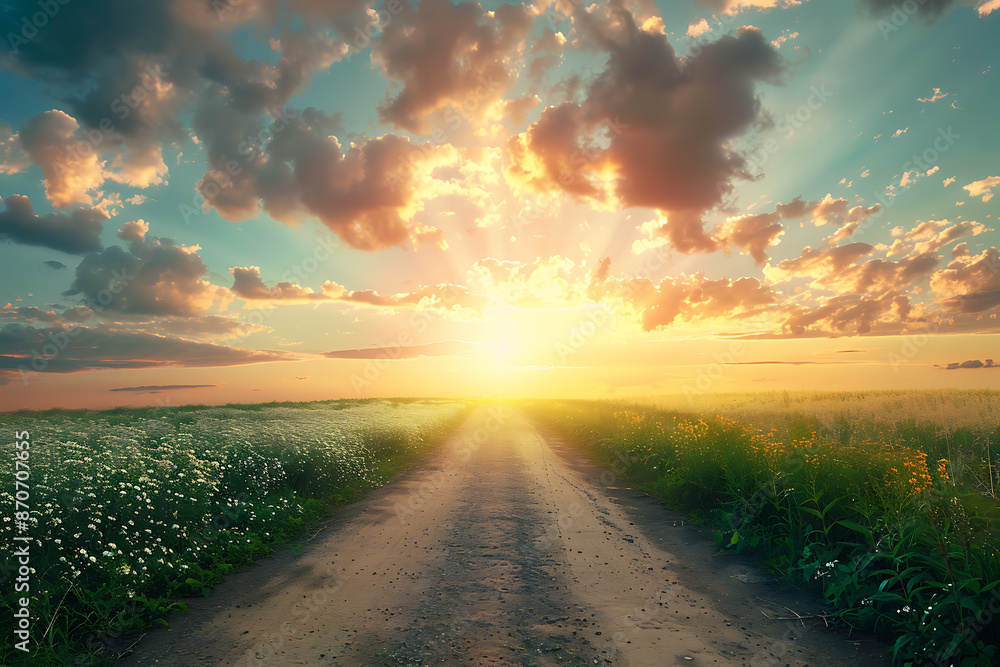 Field road with flowers stretching beyond the horizon. Field road with flowers stretching beyond the horizon.