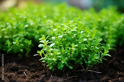 A cluster of green thyme plants thriving in well-drained soil, real photo quality shoot on Canon camera --ar 3:2 --style raw --stylize 250 Job ID: d88d31dd-92cb-4568-9e74-a9db717692c2