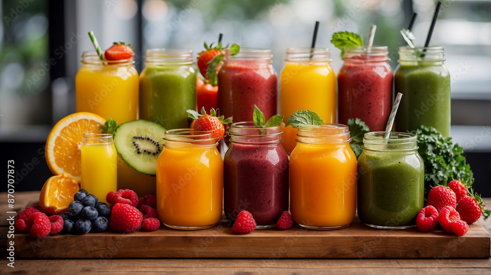 vitamin-enriched juices. Include vibrant colors from freshly squeezed orange juice, green detox juice with kale and cucumber, and a berry blend with strawberries and raspberries. The juices vitamin-enriched juices. Include vibrant colors from freshly squeezed orange juice, green detox juice with kale and cucumber, and a berry blend with strawberries and raspberries. The juices
