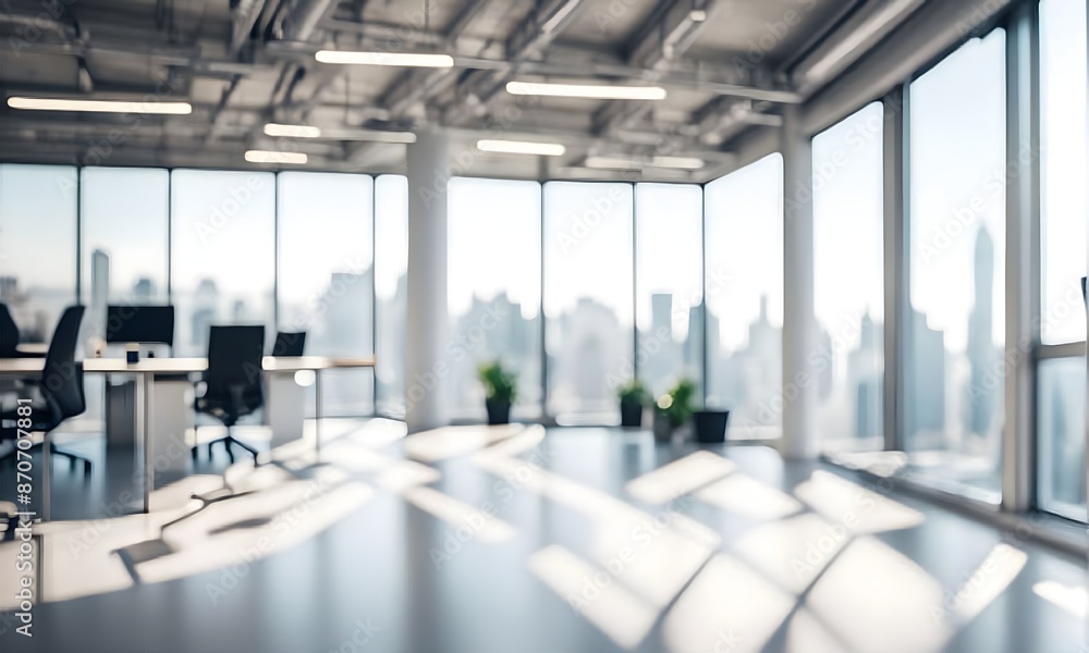 Beautiful blurred background of a light modern office interior with panoramic windows Beautiful blurred background of a light modern office interior with panoramic windows